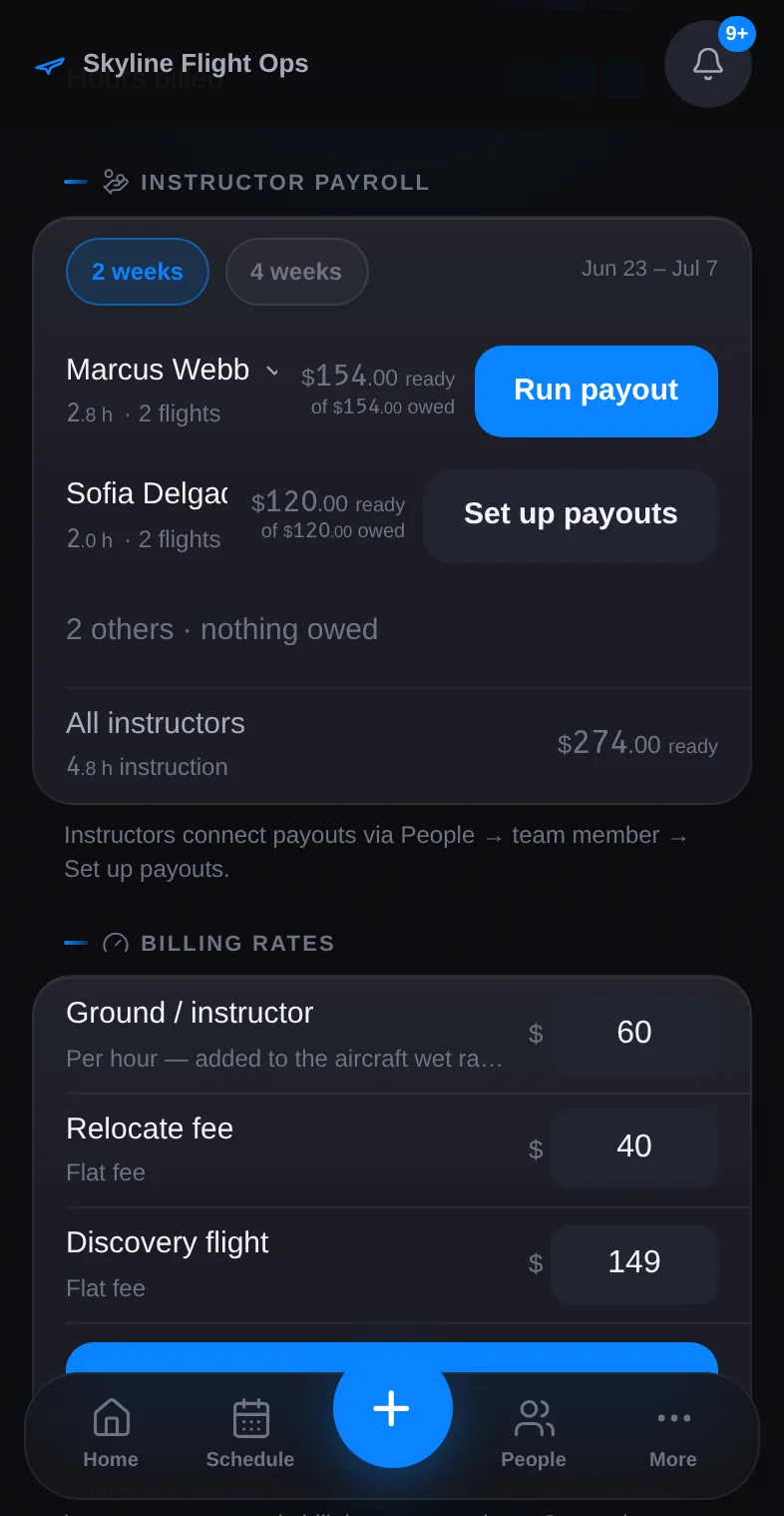 The owner's payouts view on an iPhone listing instructors and amounts due.